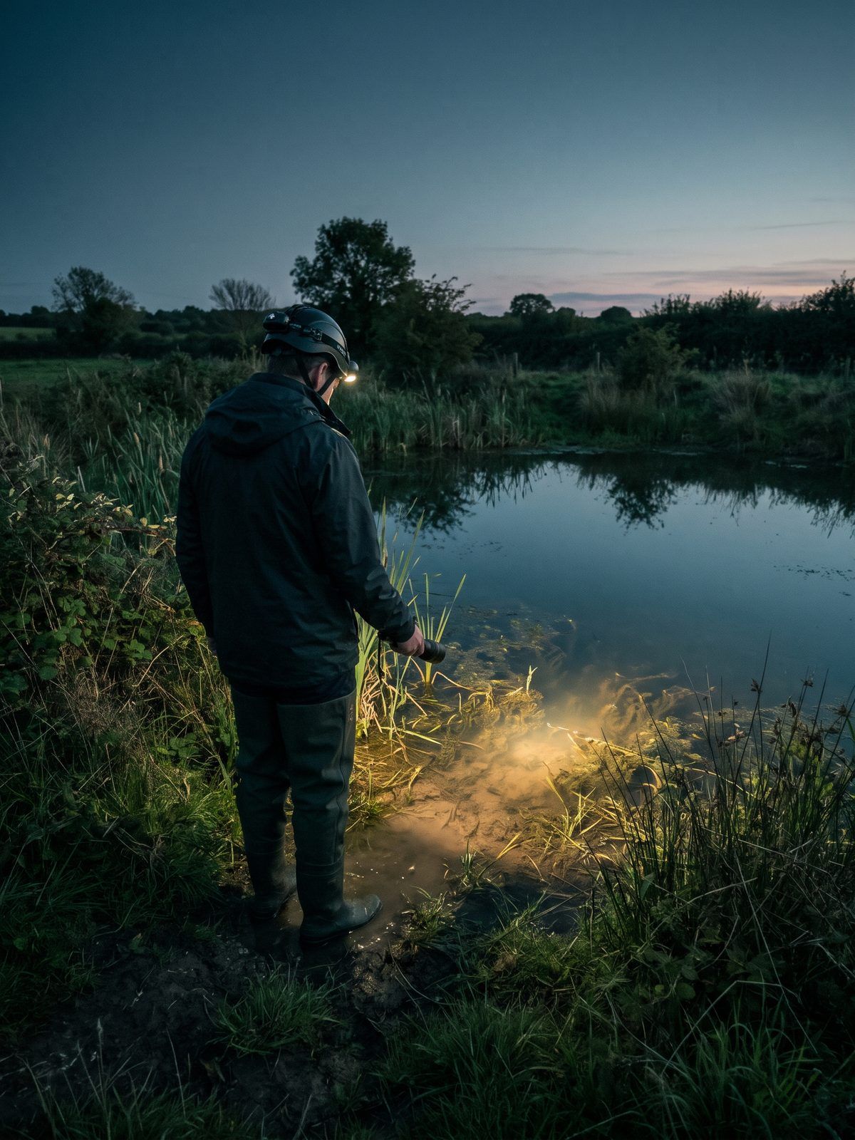 An ecologist with a head torch shining a torch into a pond at dusk during a great crested newt survey