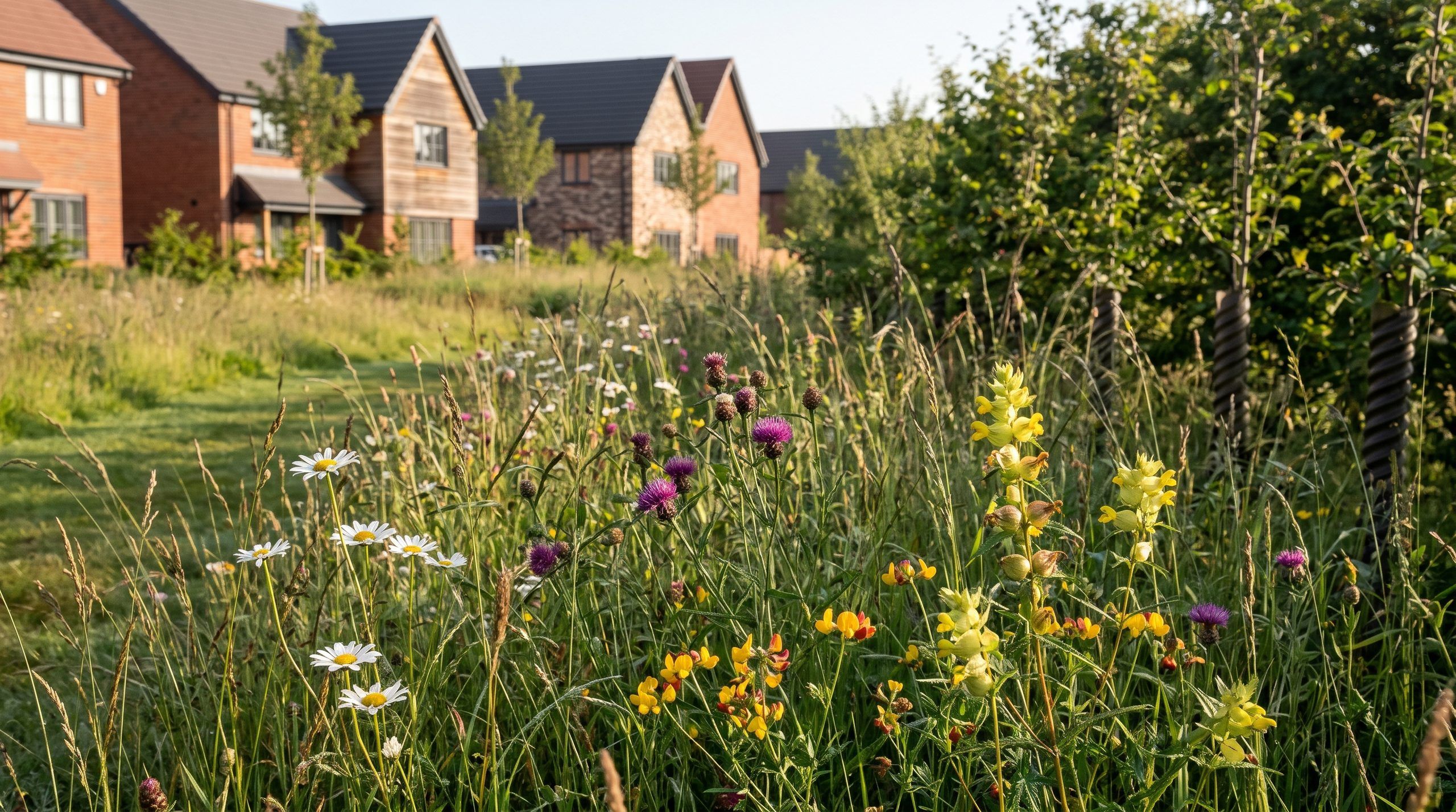 A newly created wildflower meadow with oxeye daisies, knapweed and bird's-foot trefoil beside a new housing development