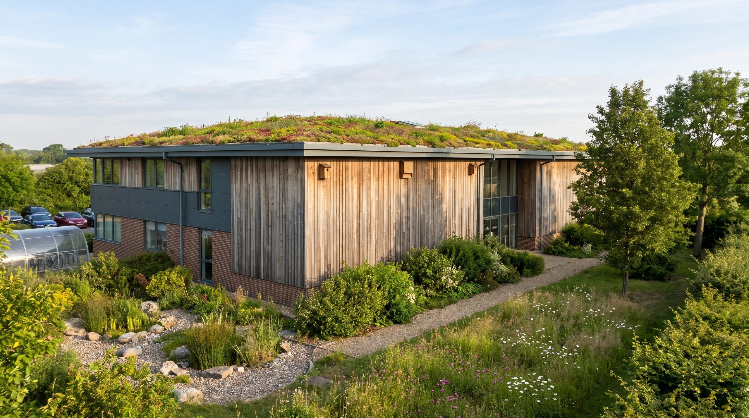 A timber-clad office with a wildflower green roof, a bird box and native planting around a rain garden