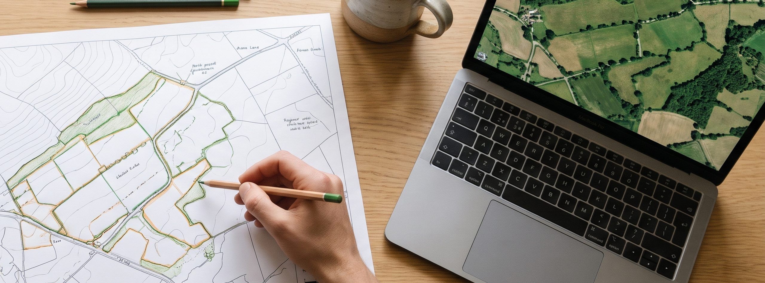 A site map with hand-drawn habitat boundaries beside a laptop showing aerial imagery of fields