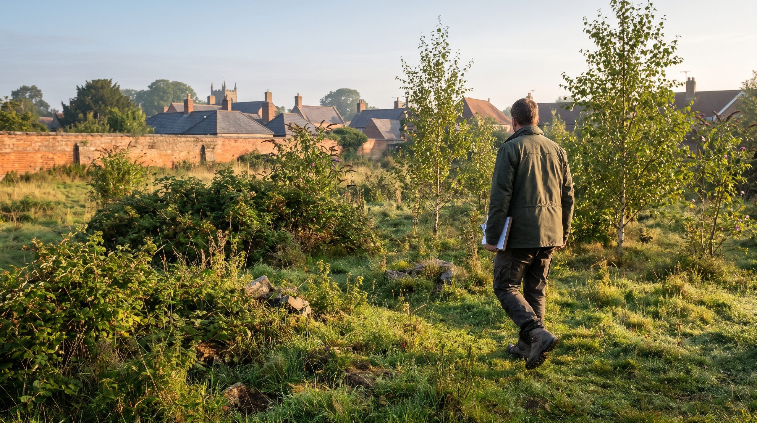 An ecologist walking a brownfield site of rough grassland, bramble and young birch on the edge of a market town