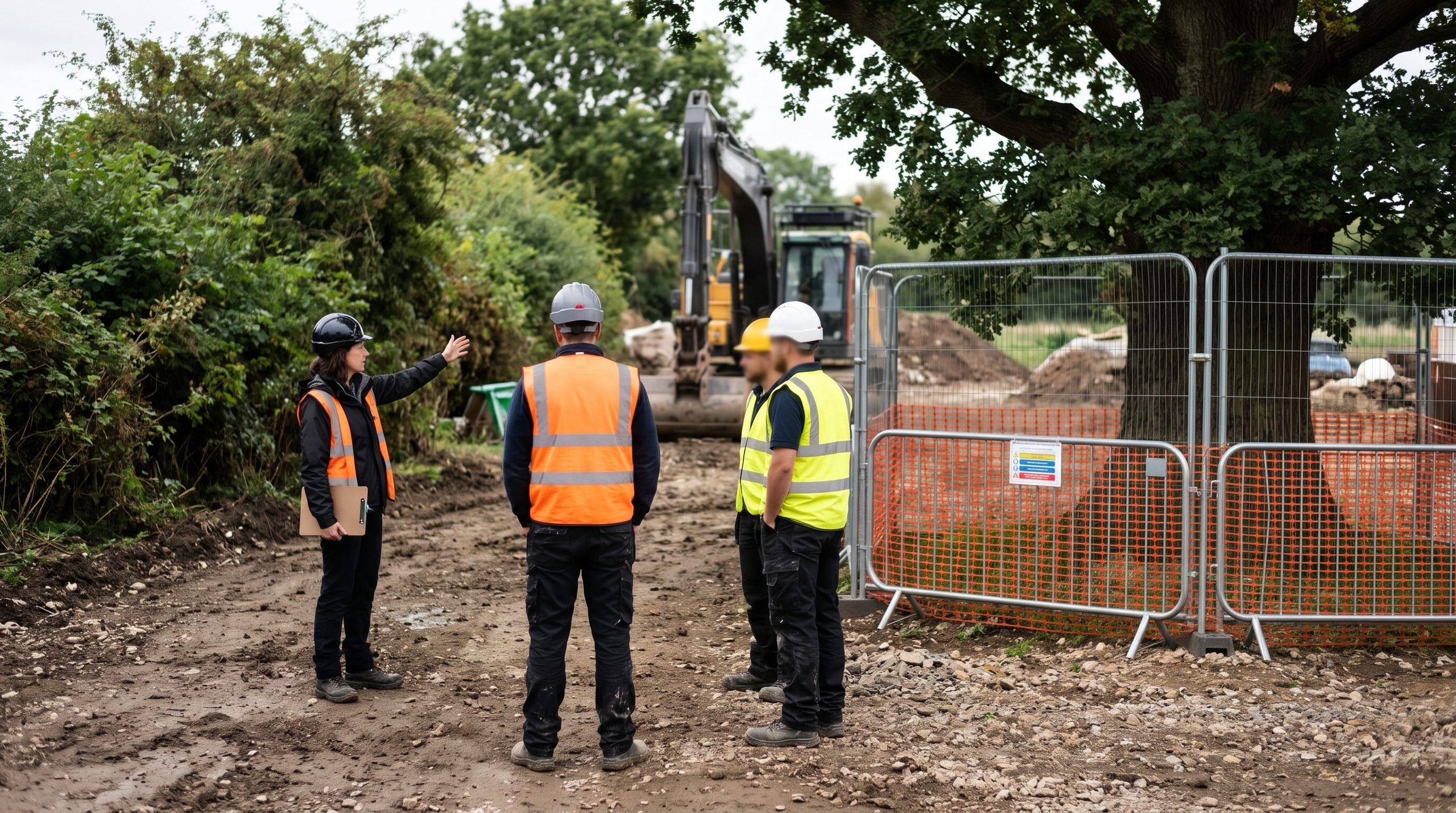 An ecologist briefing construction workers in hi-vis beside a fenced-off mature oak on a building site