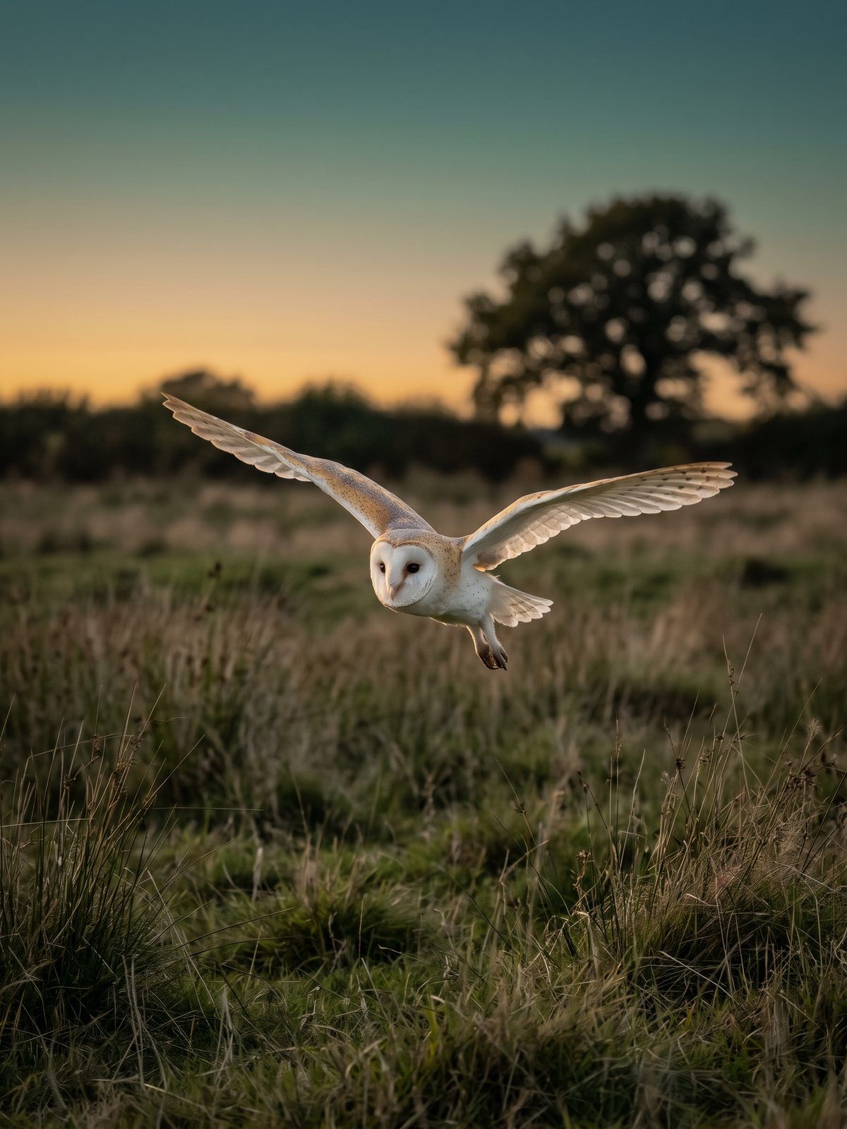 A barn owl hunting low over rough grassland at dusk, with an oak tree silhouetted behind