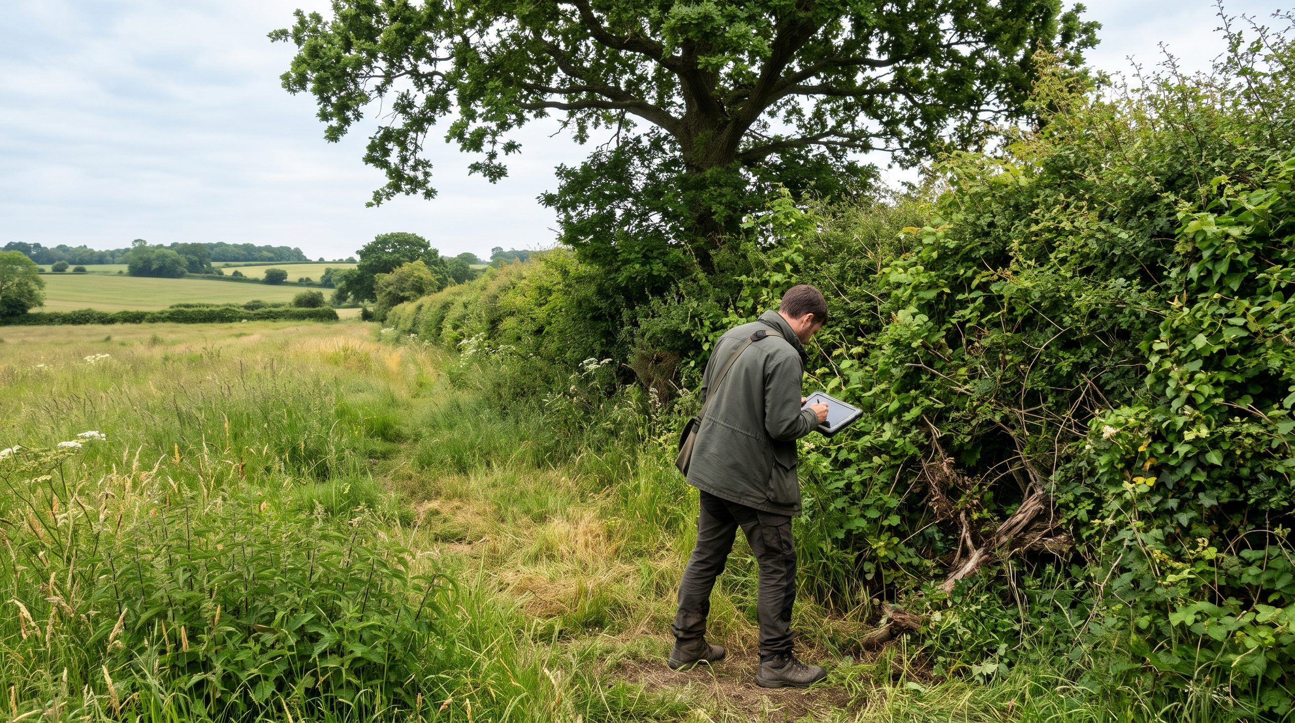 An ecologist with a tablet checking the base of a hawthorn hedgerow beside a rough grassland field