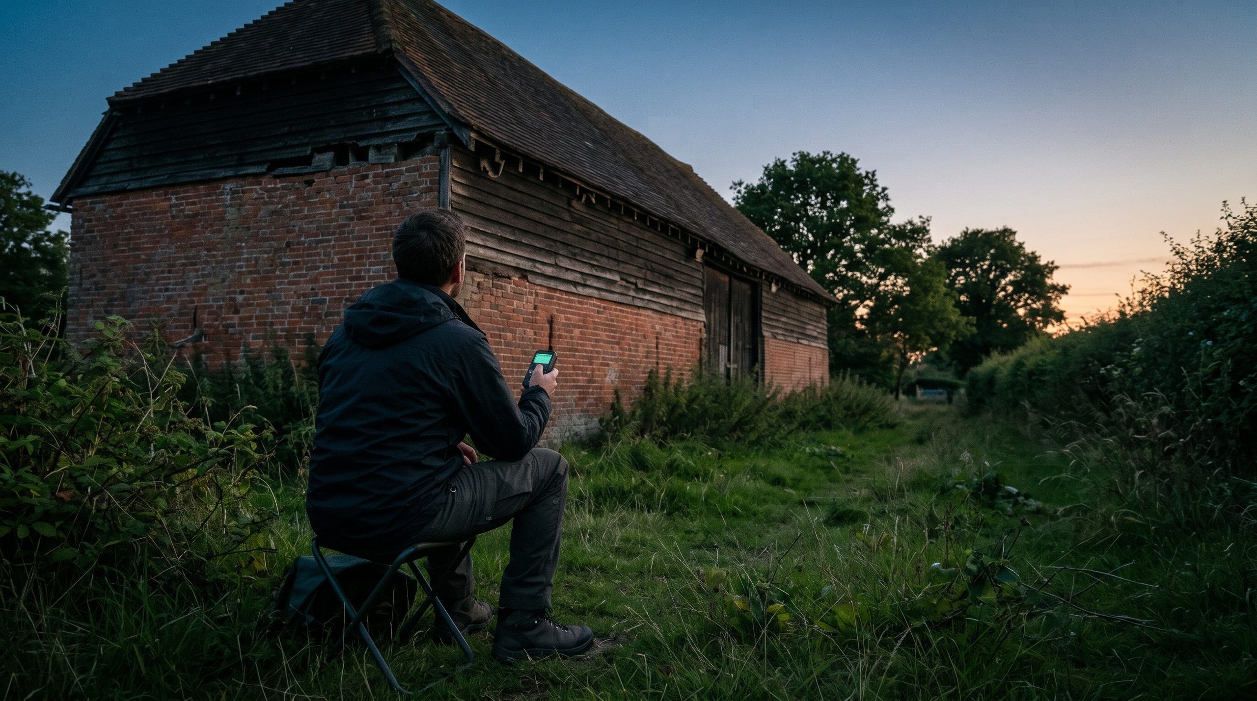 An ecologist with a bat detector watching the eaves of an old brick and timber barn at dusk